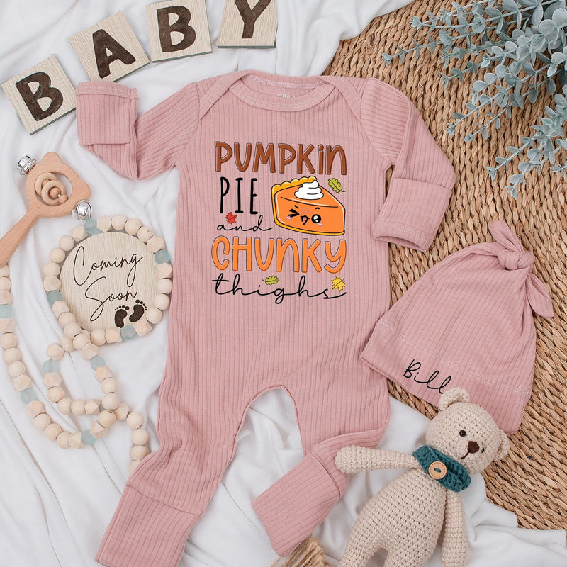 Personalized Pumpkin Pie and Chunky Thighs Baby Bodysuit Cute Fall Thanksgiving Outfit Soft Cotton Newborn Baby Shower Gift