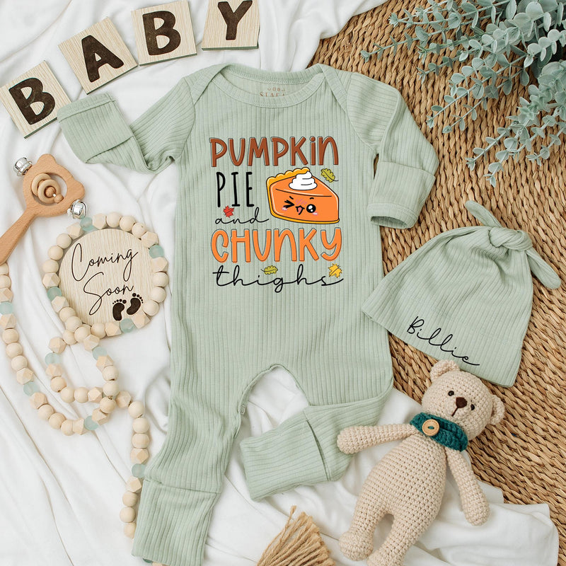 Personalized Pumpkin Pie and Chunky Thighs Baby Bodysuit Cute Fall Thanksgiving Outfit Soft Cotton Newborn Baby Shower Gift