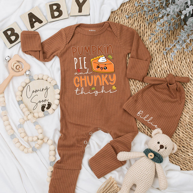 Personalized Pumpkin Pie and Chunky Thighs Baby Bodysuit Cute Fall Thanksgiving Outfit Soft Cotton Newborn Baby Shower Gift