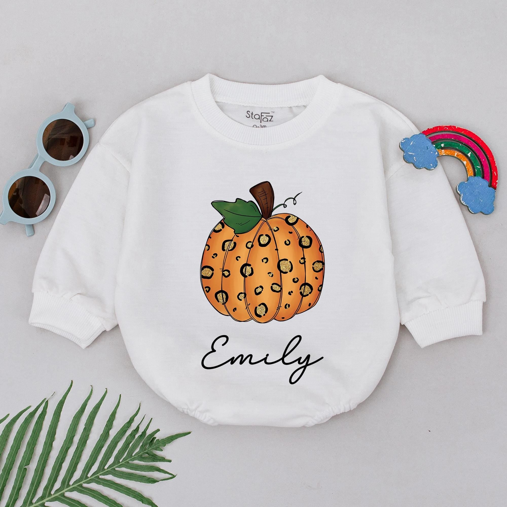 Personalized Pumpkin Romper for Baby Girls Whimsical Fall Outfit Soft Cotton Thanksgiving Gift with Custom Name in Playful Leopard Design