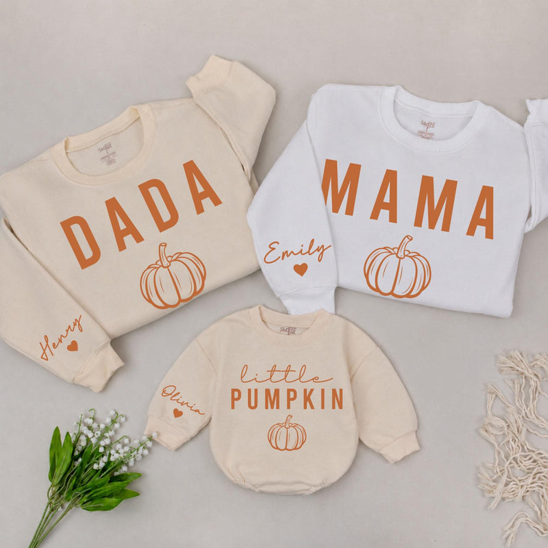 Personalized Pumpkin Theme Sweatshirts for Baby, Kids & Adults, Custom Name on Sleeve, Thanksgiving Outfit, Soft Cotton Fall Apparel