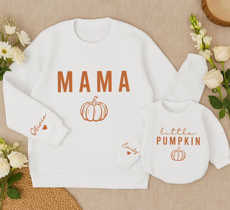 Personalized Pumpkin Theme Sweatshirts for Baby, Kids & Adults, Custom Name on Sleeve, Thanksgiving Outfit, Soft Cotton Fall Apparel