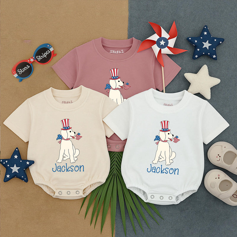 Personalized Puppy 4th of July Bubble Romper Baby Boy Patriotic Outfit Red White Blue Toddler Summer Gift Idea Custom Name
