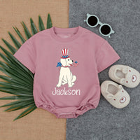 Personalized Puppy 4th of July Bubble Romper Baby Boy Patriotic Outfit Red White Blue Toddler Summer Gift Idea Custom Name