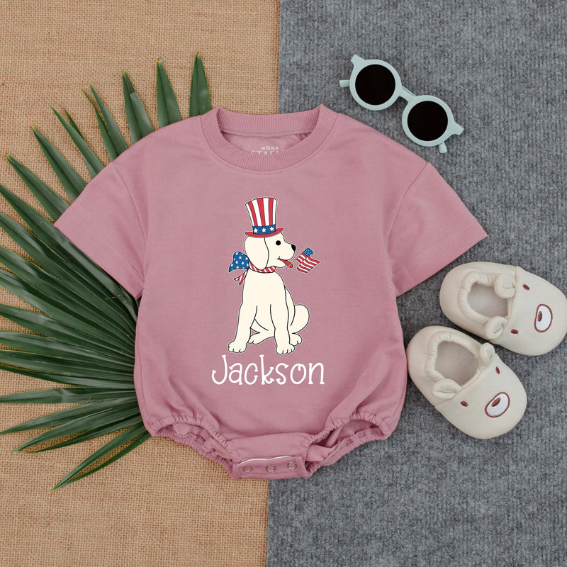 Personalized Puppy 4th of July Bubble Romper Baby Boy Patriotic Outfit Red White Blue Toddler Summer Gift Idea Custom Name