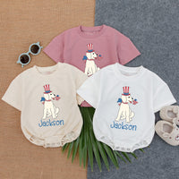 Personalized Puppy 4th of July Bubble Romper Baby Boy Patriotic Outfit Red White Blue Toddler Summer Gift Idea Custom Name