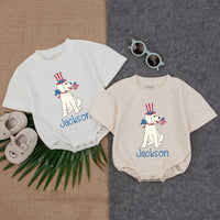 Personalized Puppy 4th of July Bubble Romper Baby Boy Patriotic Outfit Red White Blue Toddler Summer Gift Idea Custom Name