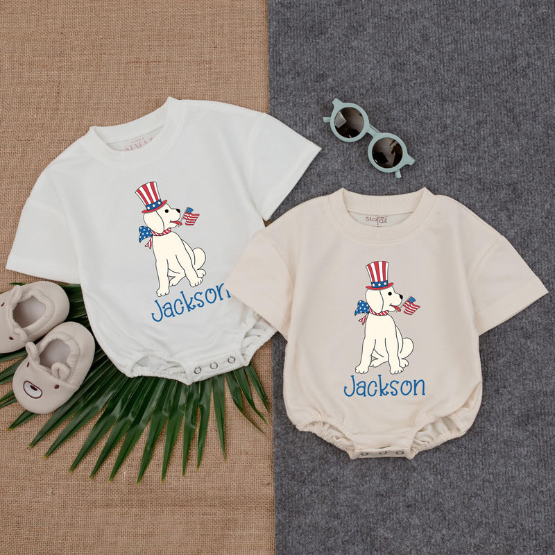 Personalized Puppy 4th of July Bubble Romper Baby Boy Patriotic Outfit Red White Blue Toddler Summer Gift Idea Custom Name
