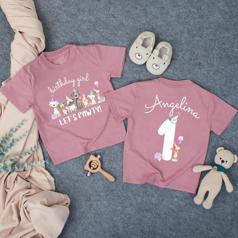 Personalized Puppy Birthday Girl Outfit, Toddler Romper with Party Hat Design, Custom Name and Age Cake Smash Shirt, Soft Cotton Gift