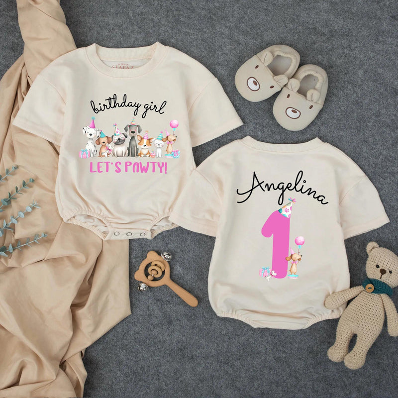 Personalized Puppy Birthday Girl Outfit, Toddler Romper with Party Hat Design, Custom Name and Age Cake Smash Shirt, Soft Cotton Gift