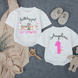 Personalized Puppy Birthday Girl Outfit, Toddler Romper with Party Hat Design, Custom Name and Age Cake Smash Shirt, Soft Cotton Gift