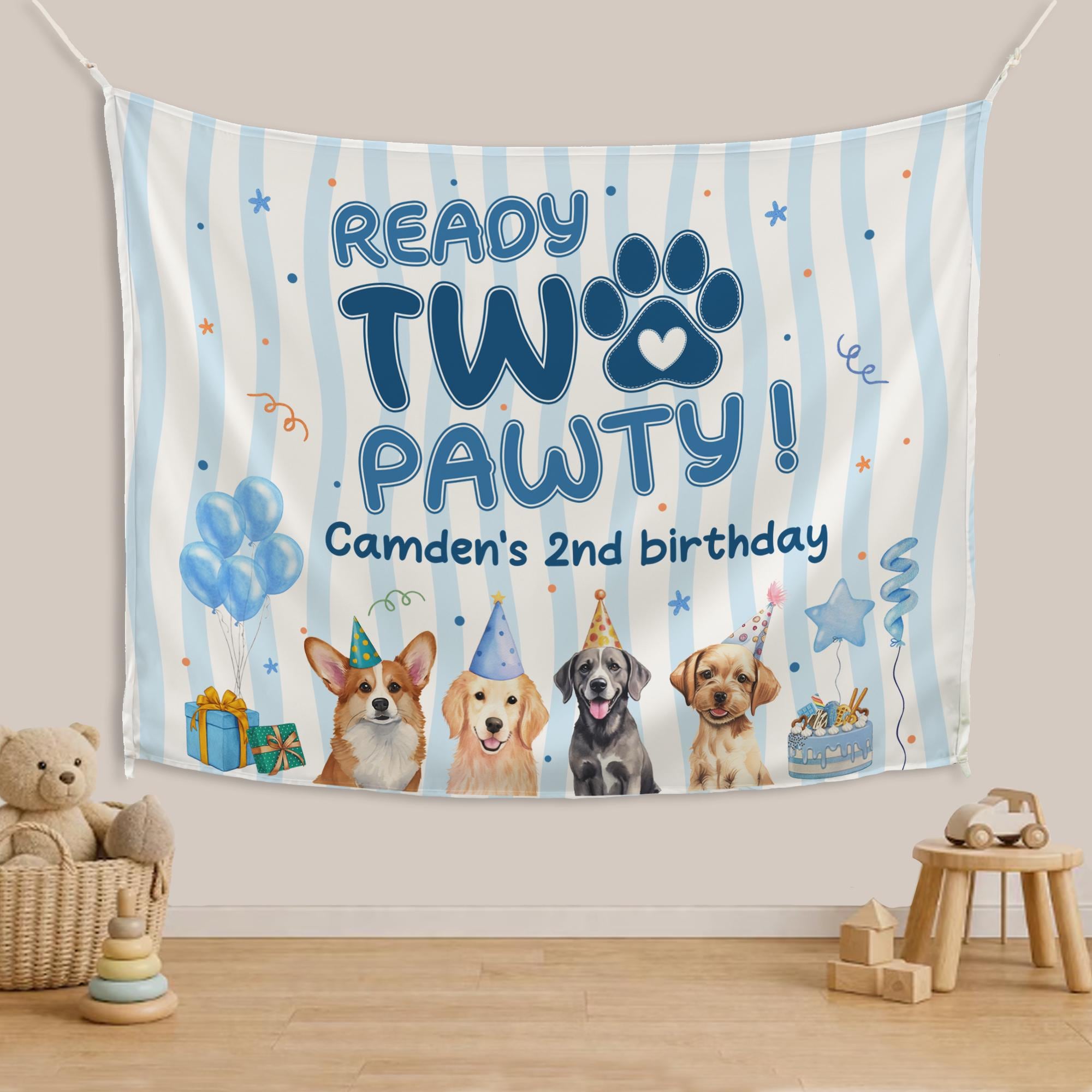Personalized Puppy Dog Birthday Banner Ready Two Pawty Decor for Toddler Boy's 2nd Birthday, Light Blue Party Backdrop with Custom Name