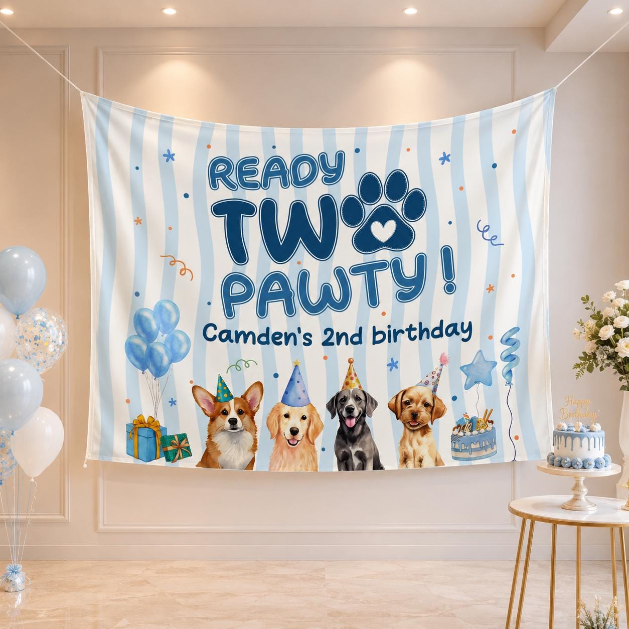Personalized Puppy Dog Birthday Banner Ready Two Pawty Decor for Toddler Boy's 2nd Birthday, Light Blue Party Backdrop with Custom Name