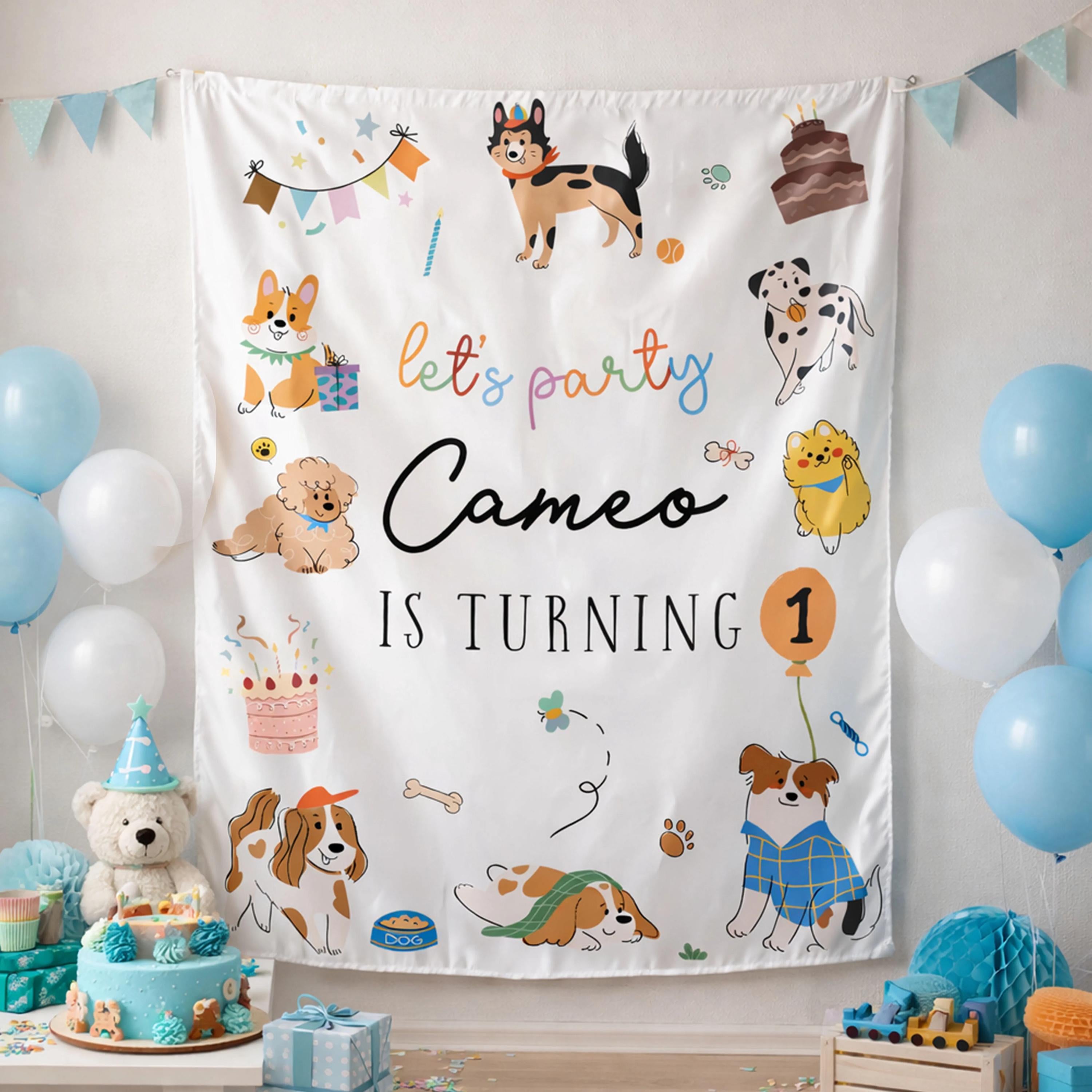 Personalized Puppy Pawty First Birthday Banner with Cartoon Dogs and Party Decorations Custom Name and Age Backdrop for Boys or Girls