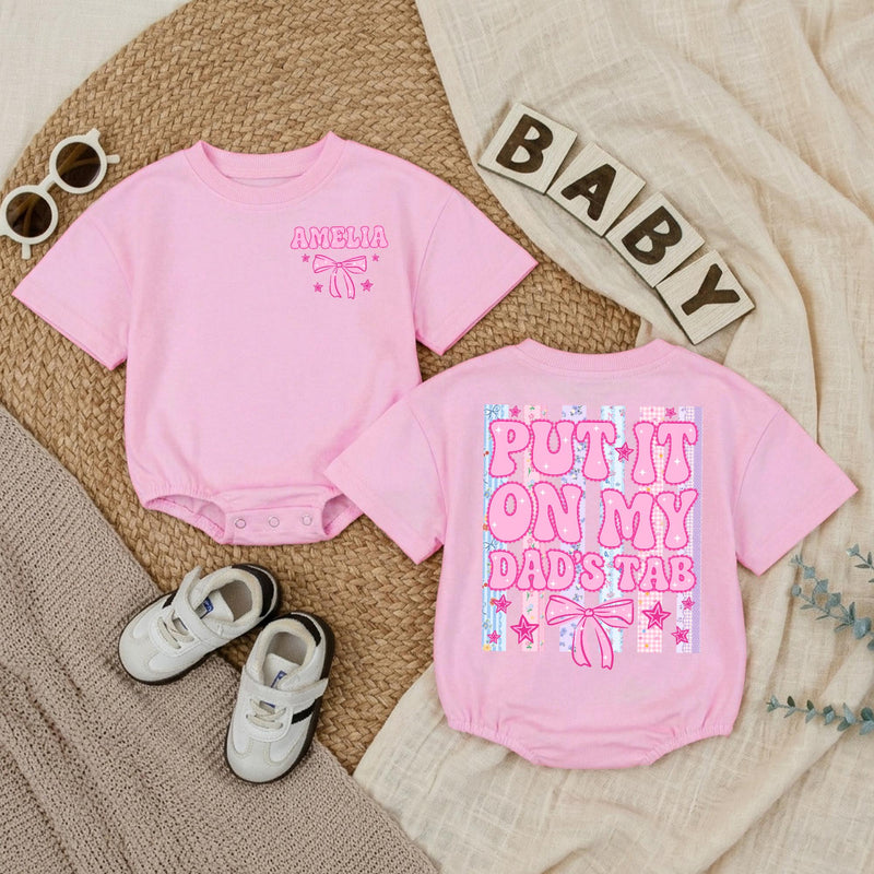 Personalized Put It On My Dad's Tab Baby Girl Romper with Bow and Pastel Stripes Funny Father's Day Infant Outfit Custom Name Gift