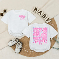 Personalized Put It On My Dad's Tab Baby Girl Romper with Bow and Pastel Stripes Funny Father's Day Infant Outfit Custom Name Gift
