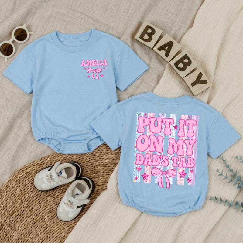 Personalized Put It On My Dad's Tab Baby Girl Romper with Bow and Pastel Stripes Funny Father's Day Infant Outfit Custom Name Gift