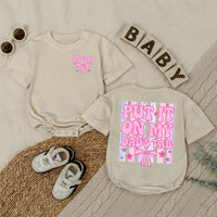 Personalized Put It On My Dad's Tab Baby Girl Romper with Bow and Pastel Stripes Funny Father's Day Infant Outfit Custom Name Gift