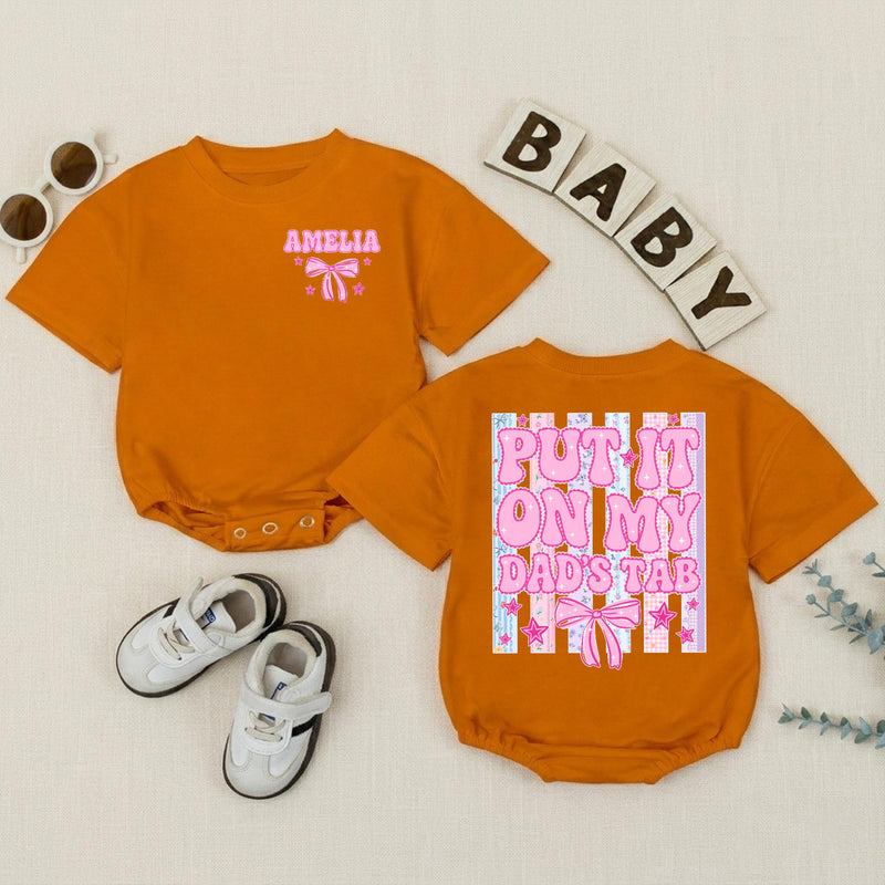 Personalized Put It On My Dad's Tab Baby Girl Romper with Bow and Pastel Stripes Funny Father's Day Infant Outfit Custom Name Gift