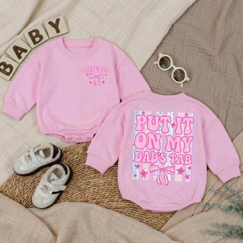 Personalized Put It On My Dad's Tab Baby Girl Romper with Bow and Pastel Stripes Funny Father's Day Infant Outfit Custom Name Gift