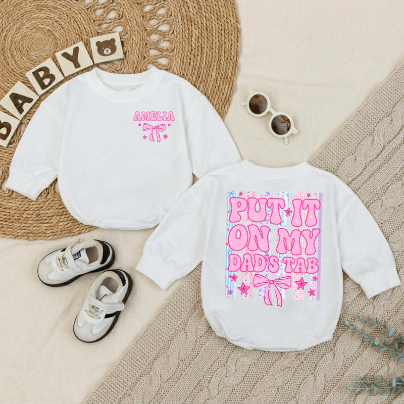 Personalized Put It On My Dad's Tab Baby Girl Romper with Bow and Pastel Stripes Funny Father's Day Infant Outfit Custom Name Gift