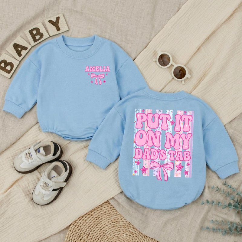 Personalized Put It On My Dad's Tab Baby Girl Romper with Bow and Pastel Stripes Funny Father's Day Infant Outfit Custom Name Gift
