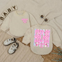Personalized Put It On My Dad's Tab Baby Girl Romper with Bow and Pastel Stripes Funny Father's Day Infant Outfit Custom Name Gift