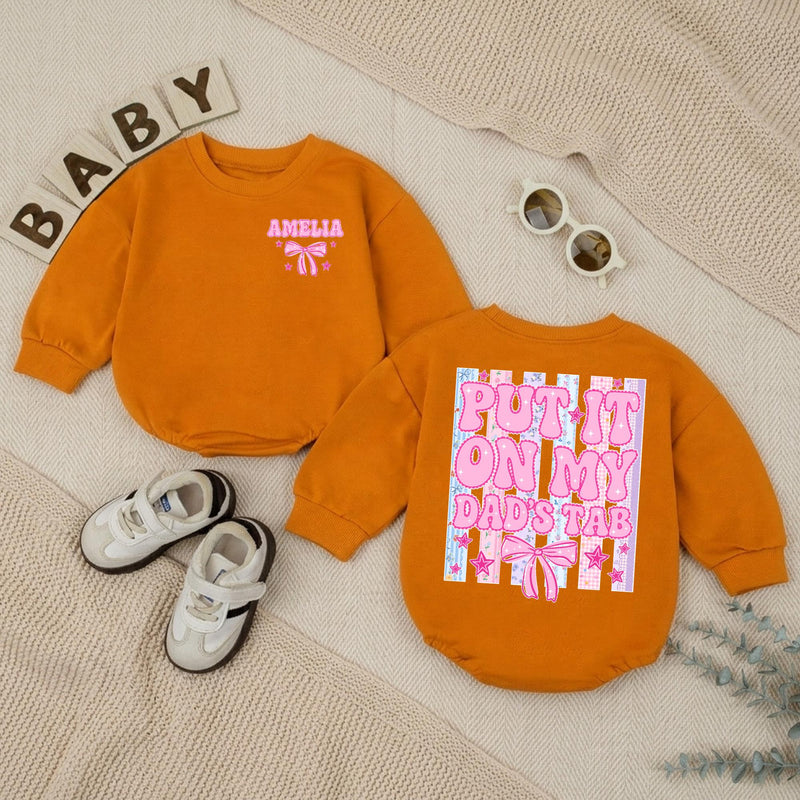 Personalized Put It On My Dad's Tab Baby Girl Romper with Bow and Pastel Stripes Funny Father's Day Infant Outfit Custom Name Gift