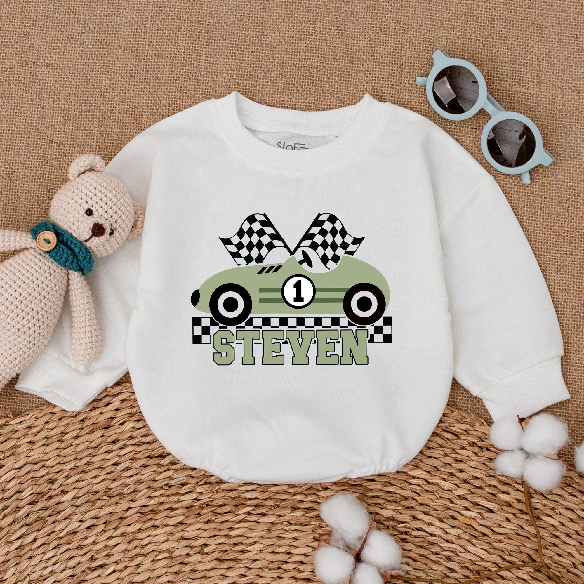 Personalized Race Car 1st Birthday Romper for Baby Boy Steven Checkered Flag Cake Smash Outfit Soft Cotton Celebration Clothes
