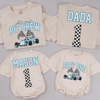 Personalized Race Car Birthday Shirt for Kids and Family Matching Outfits Light Blue Pit Crew Design Fast One Party Tee Custom Names