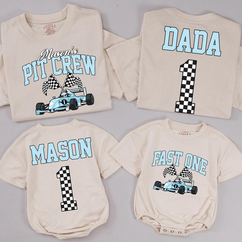 Personalized Race Car Birthday Shirt for Kids and Family Matching Outfits Light Blue Pit Crew Design Fast One Party Tee Custom Names