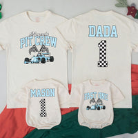 Personalized Race Car Birthday Shirt for Kids and Family Matching Outfits Light Blue Pit Crew Design Fast One Party Tee Custom Names
