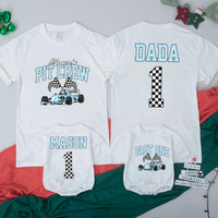 Personalized Race Car Birthday Shirt for Kids and Family Matching Outfits Light Blue Pit Crew Design Fast One Party Tee Custom Names