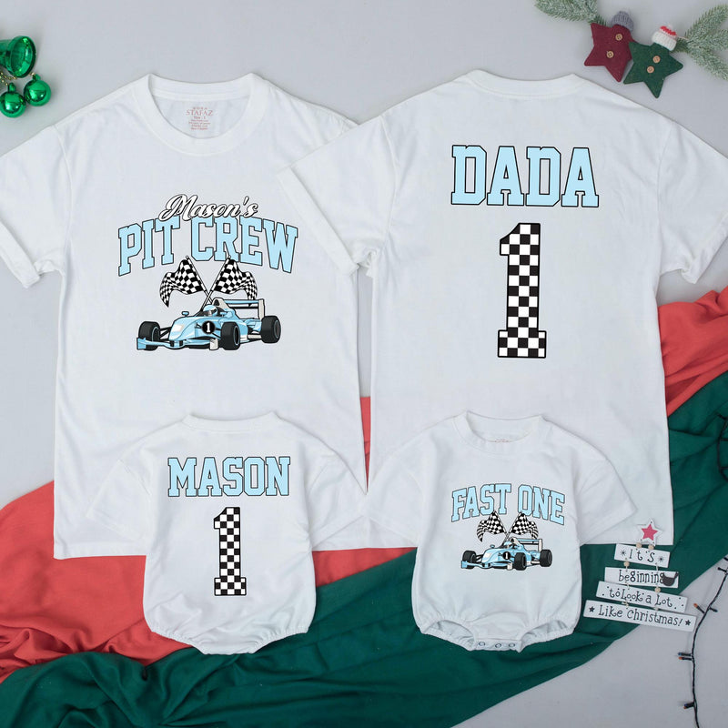 Personalized Race Car Birthday Shirt for Kids and Family Matching Outfits Light Blue Pit Crew Design Fast One Party Tee Custom Names