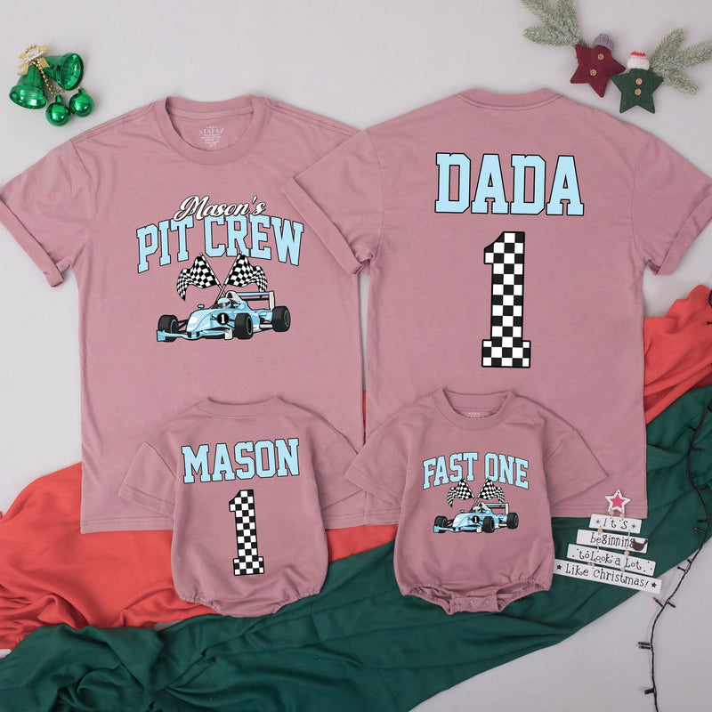 Personalized Race Car Birthday Shirt for Kids and Family Matching Outfits Light Blue Pit Crew Design Fast One Party Tee Custom Names