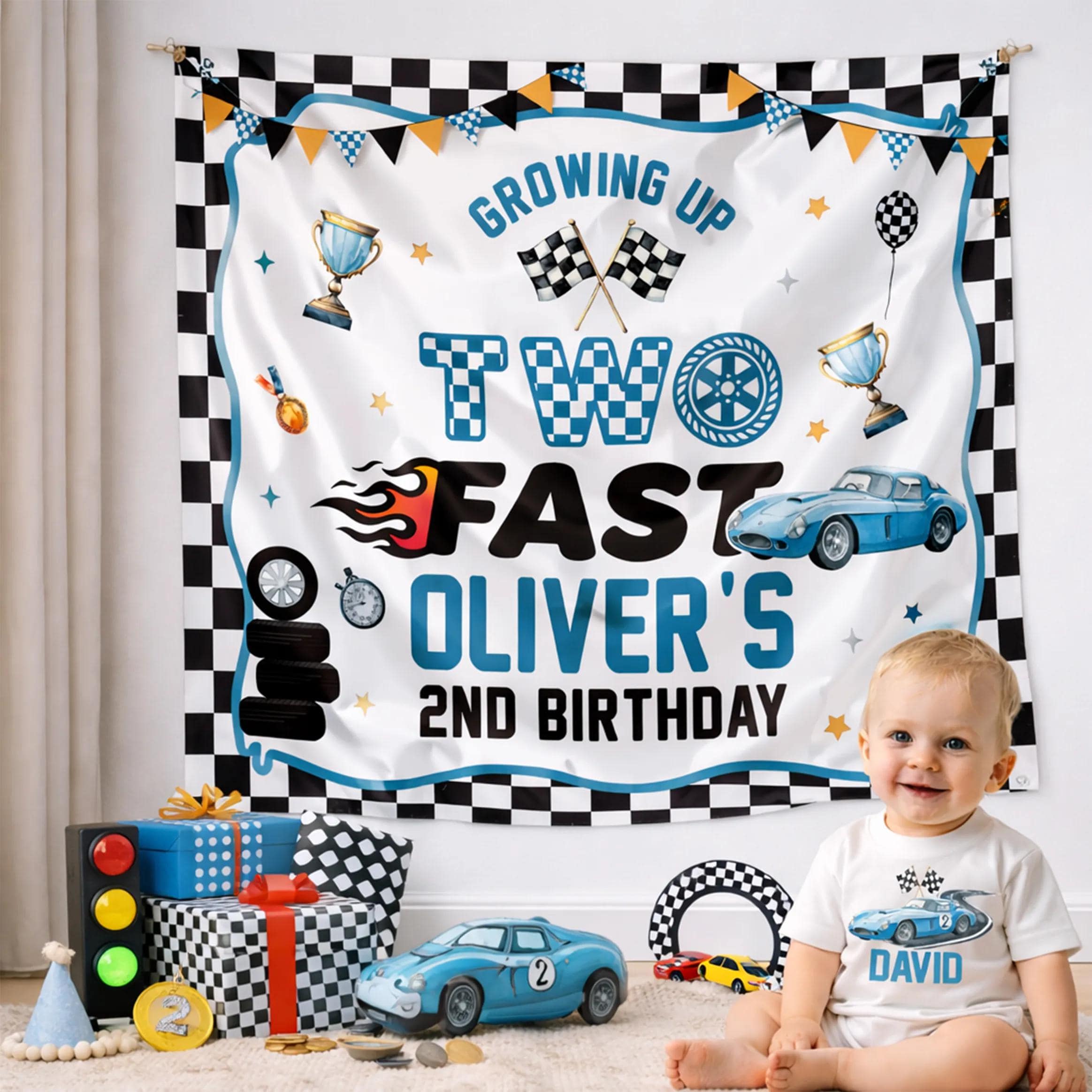 Personalized Race Car Bubble Romper for Boy’s 2nd Birthday Party Outfit with Custom Name, High-Speed Theme Banner and Cake Smash Backdrop