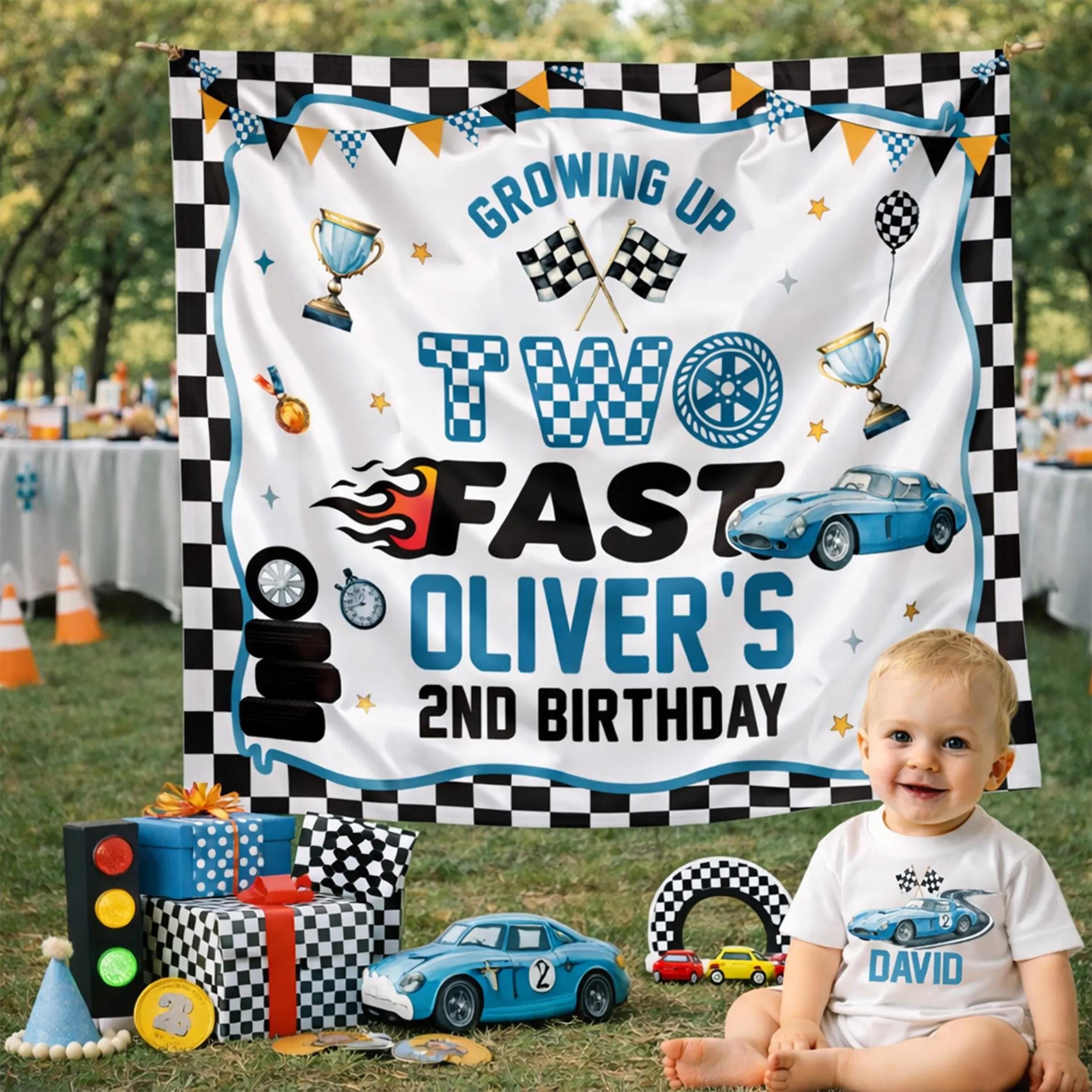 Personalized Race Car Bubble Romper for Boy’s 2nd Birthday Party Outfit with Custom Name, High-Speed Theme Banner and Cake Smash Backdrop