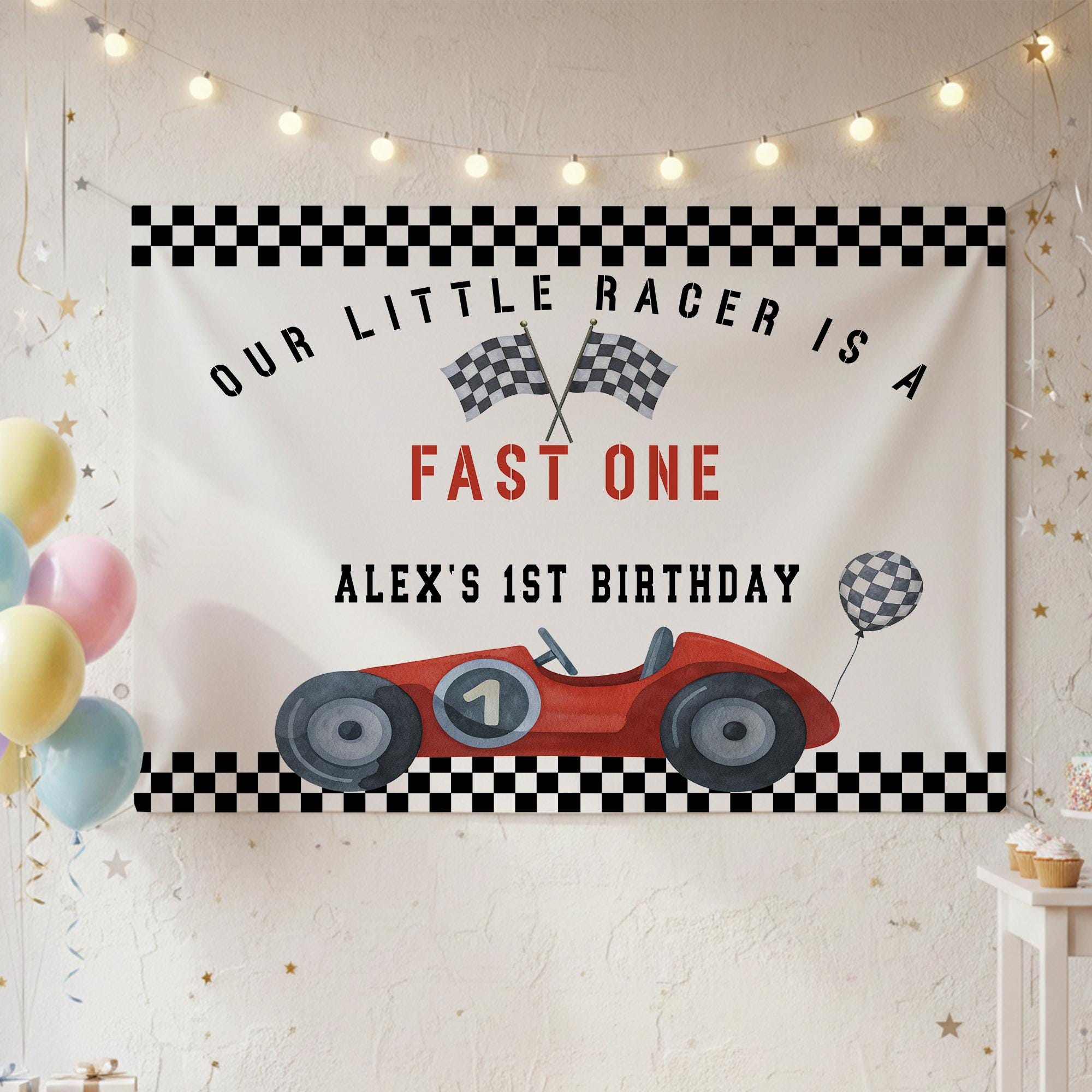 Personalized Race Car First Birthday Banner for Boys Fast One Party Backdrop Retro Racing Theme Decor Custom Name Celebration Sign
