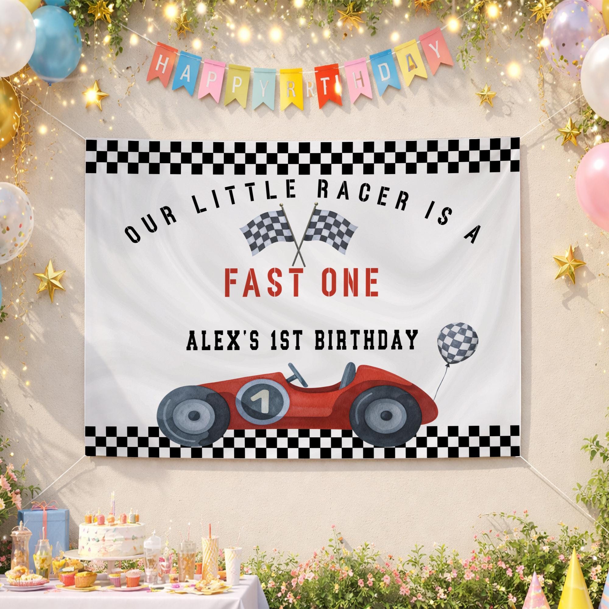 Personalized Race Car First Birthday Banner for Boys Fast One Party Backdrop Retro Racing Theme Decor Custom Name Celebration Sign