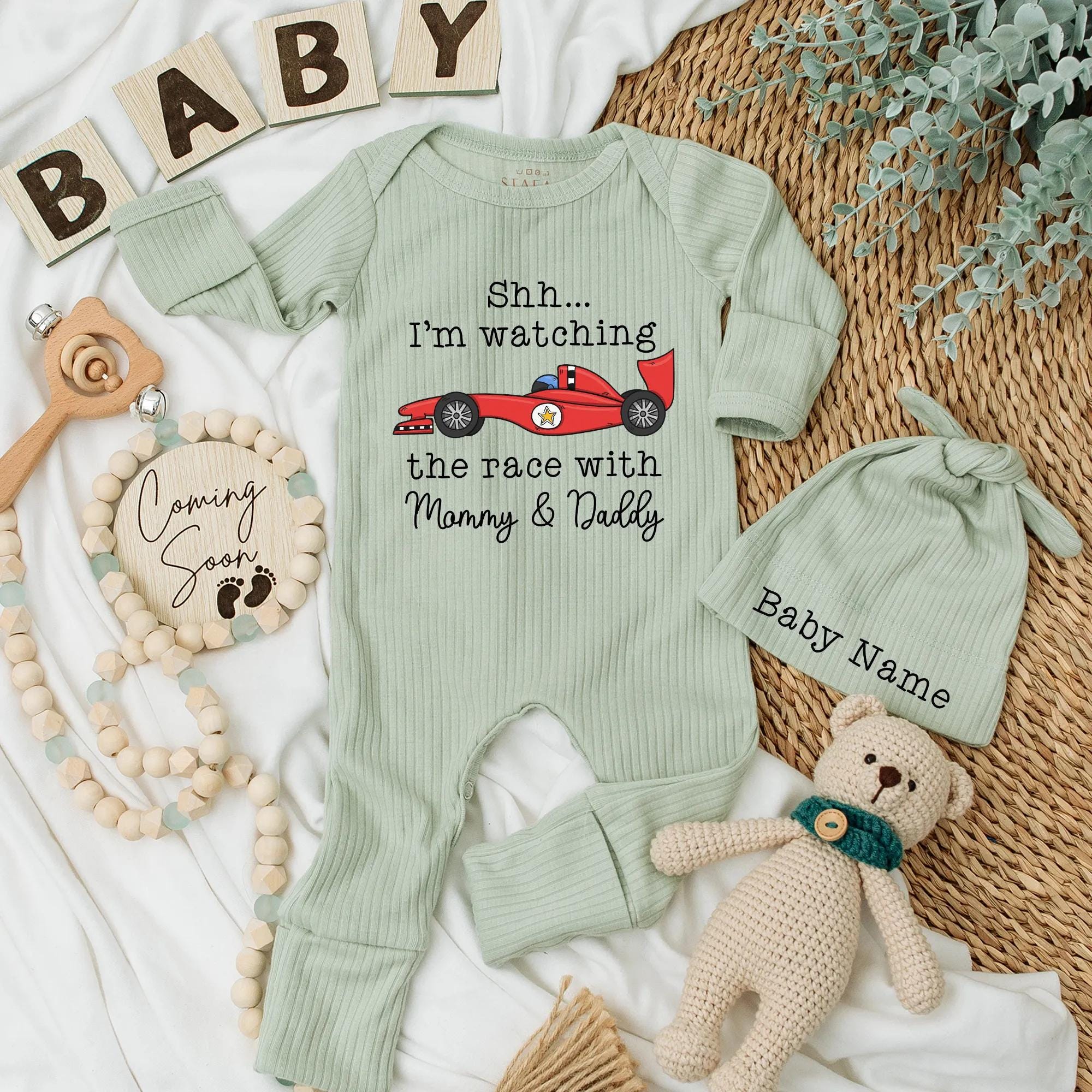 Personalized Race Day Baby Bodysuit Red Car Design Funny Newborn Outfit Gift for Boy Girl Watching Race with Mommy Daddy