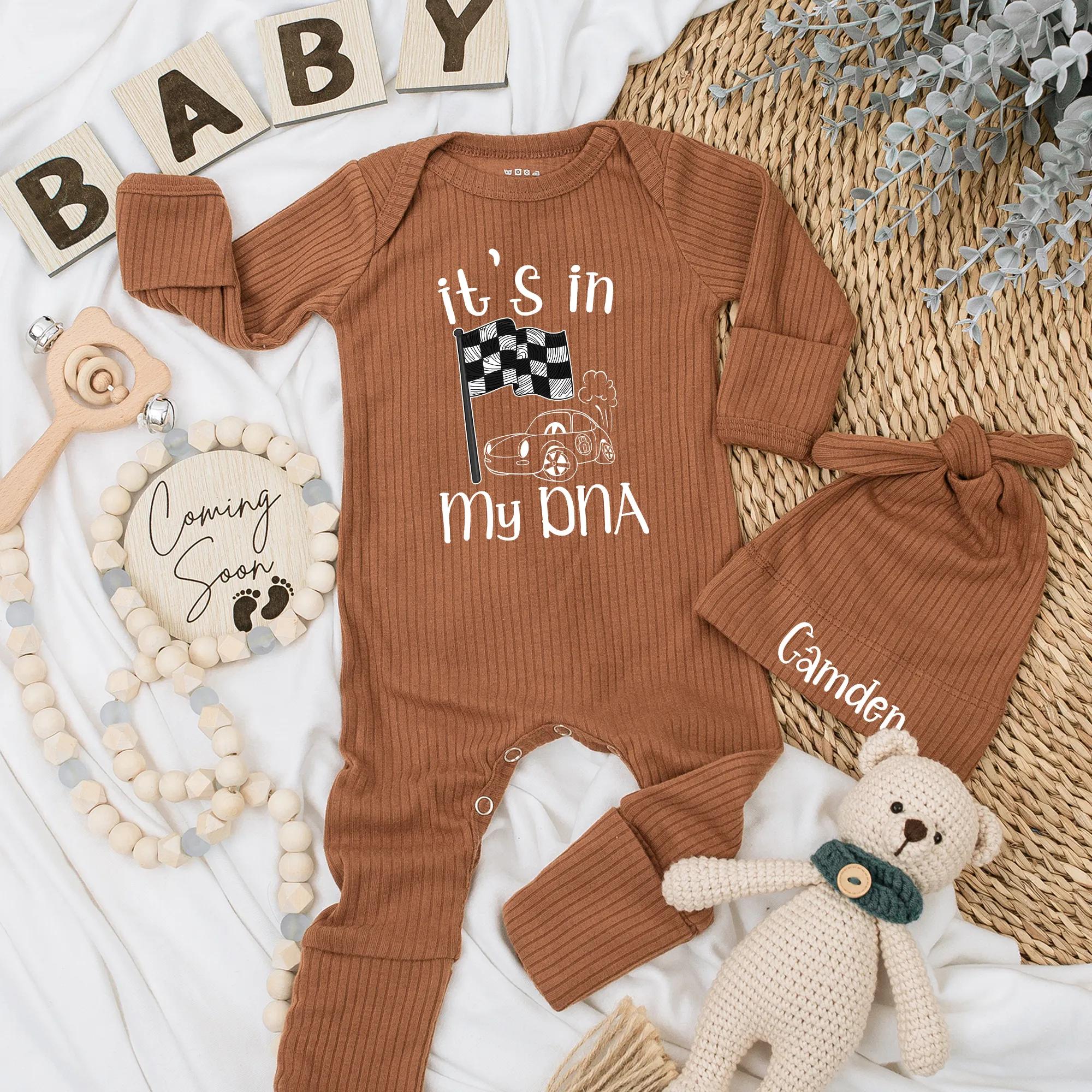 Personalized Racing Baby Bodysuit with Race Car It's in My DNA Design Newborn Outfit Gift for Baby Boy Checkered Flag Motif Romper