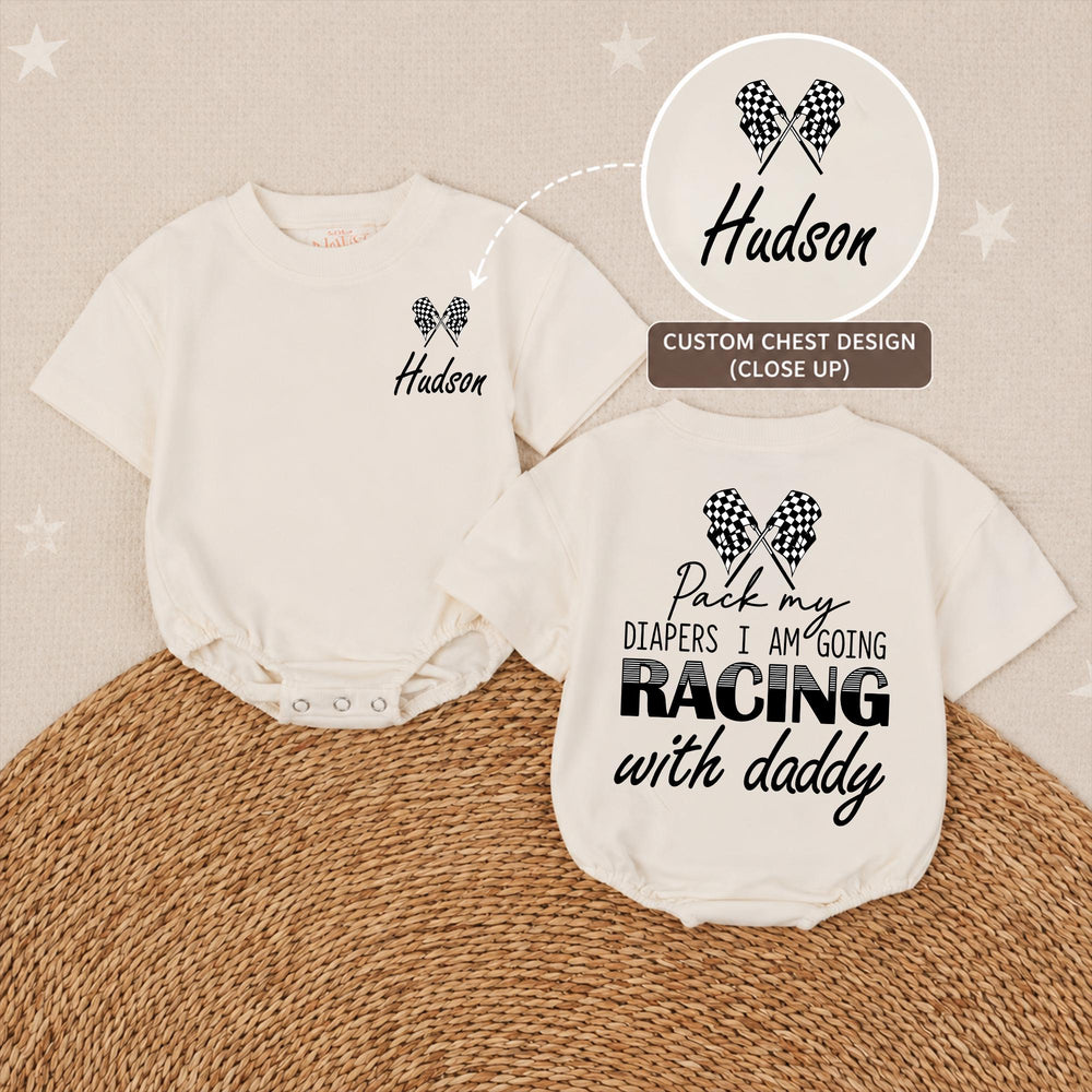 Personalized Racing Baby Romper for Boys Hudson Name Checkered Flag Design Soft Cotton Going Home Outfit Daddy Race Car Diaper Pack