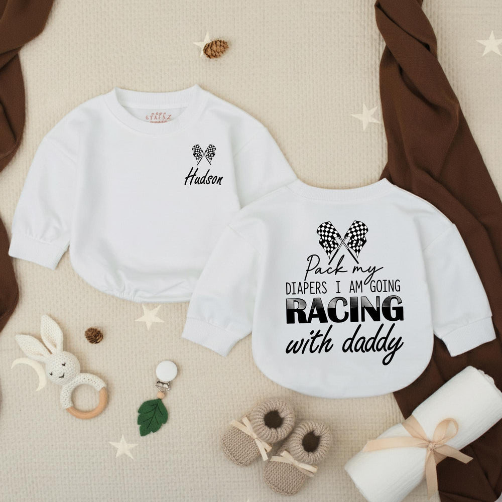 Personalized Racing Baby Romper for Boys Hudson Name Checkered Flag Design Soft Cotton Going Home Outfit Daddy Race Car Diaper Pack
