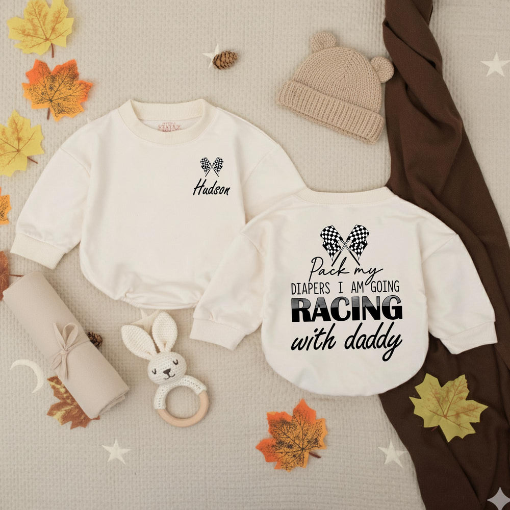 Personalized Racing Baby Romper for Boys Hudson Name Checkered Flag Design Soft Cotton Going Home Outfit Daddy Race Car Diaper Pack