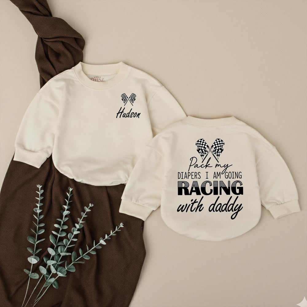 Personalized Racing Baby Romper for Boys Hudson Name Checkered Flag Design Soft Cotton Going Home Outfit Daddy Race Car Diaper Pack