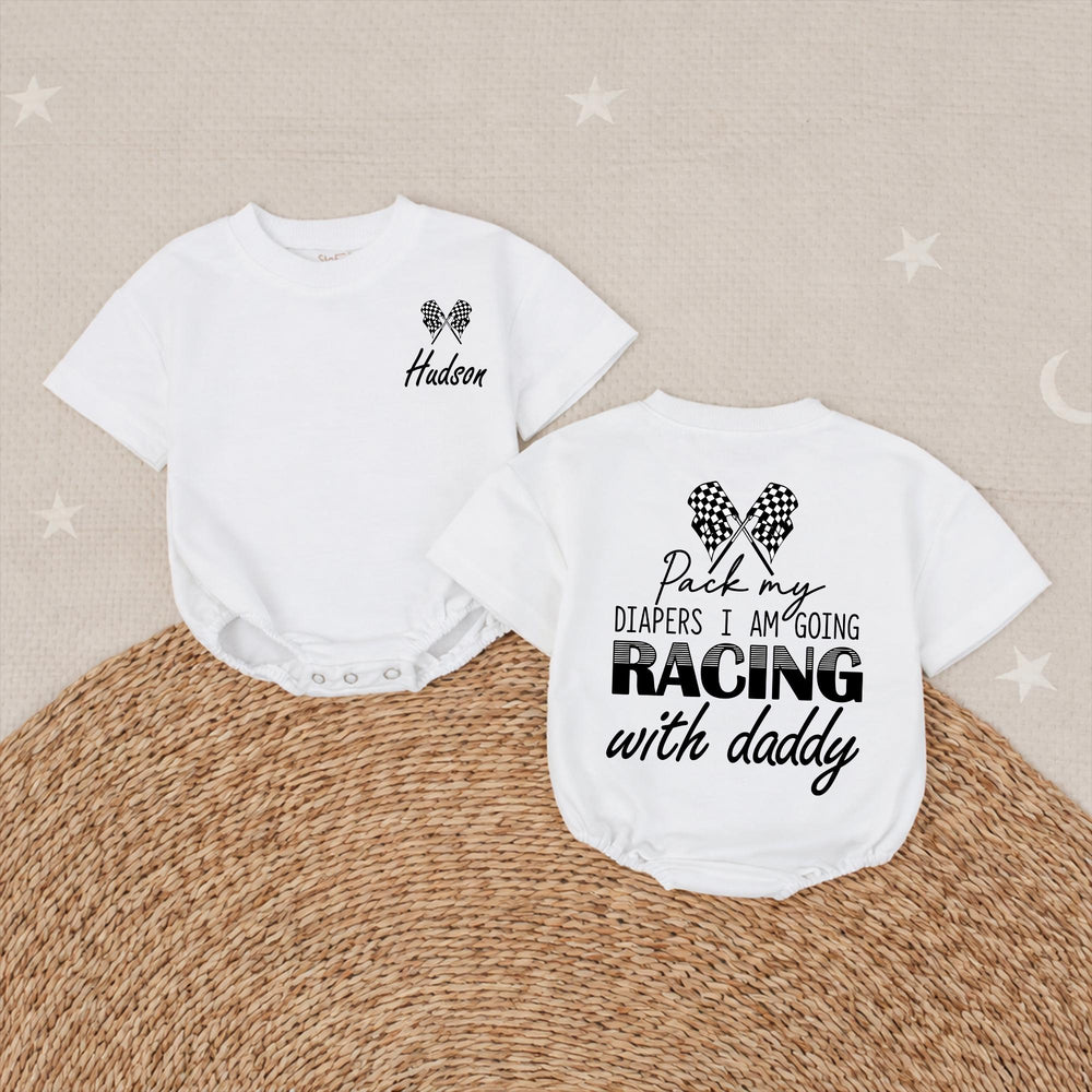 Personalized Racing Baby Romper for Boys Hudson Name Checkered Flag Design Soft Cotton Going Home Outfit Daddy Race Car Diaper Pack