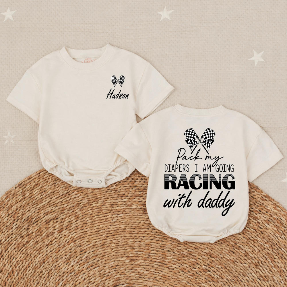 Personalized Racing Baby Romper for Boys Hudson Name Checkered Flag Design Soft Cotton Going Home Outfit Daddy Race Car Diaper Pack