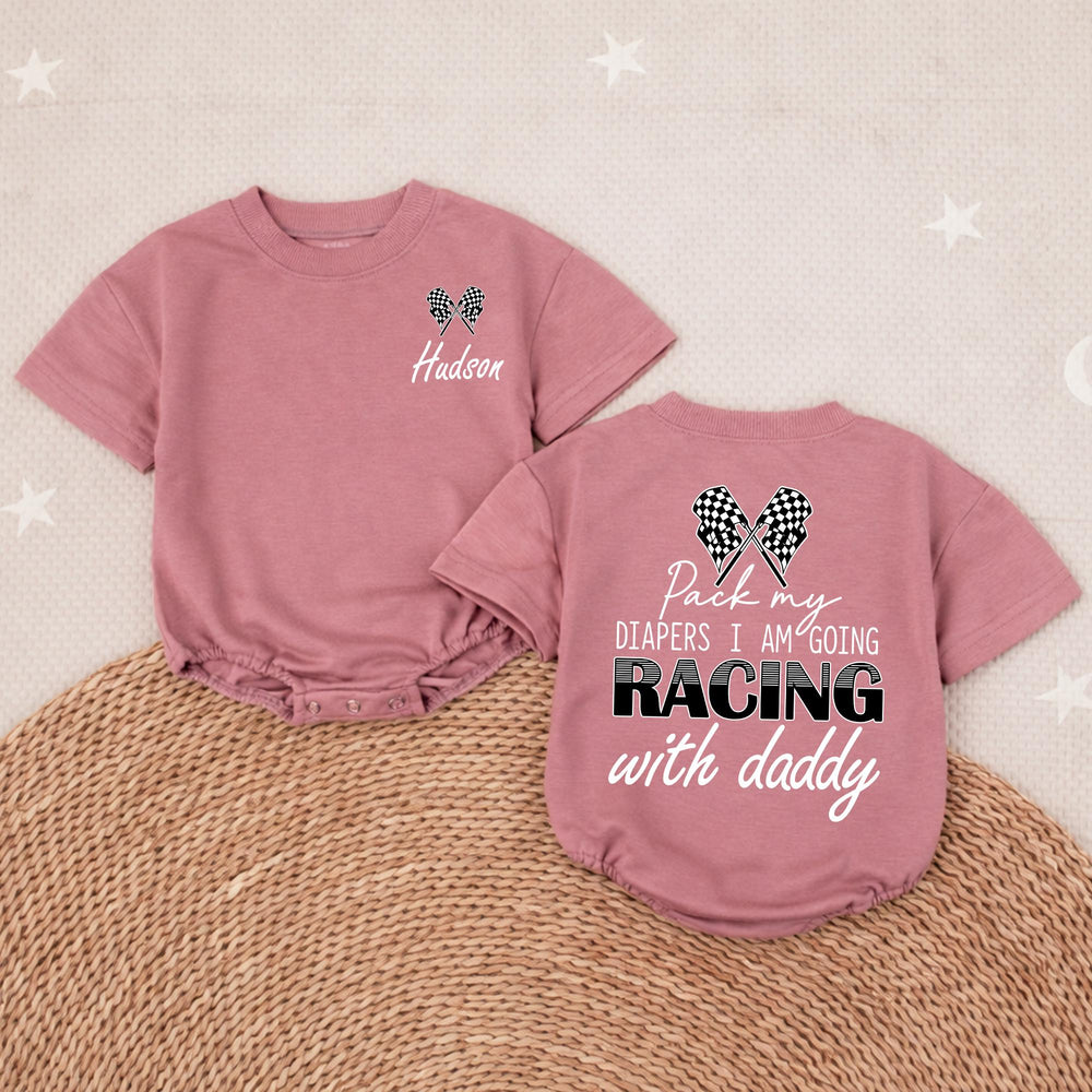 Personalized Racing Baby Romper for Boys Hudson Name Checkered Flag Design Soft Cotton Going Home Outfit Daddy Race Car Diaper Pack
