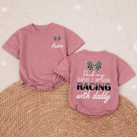 Personalized Racing Baby Romper for Boys Hudson Name Checkered Flag Design Soft Cotton Going Home Outfit Daddy Race Car Diaper Pack