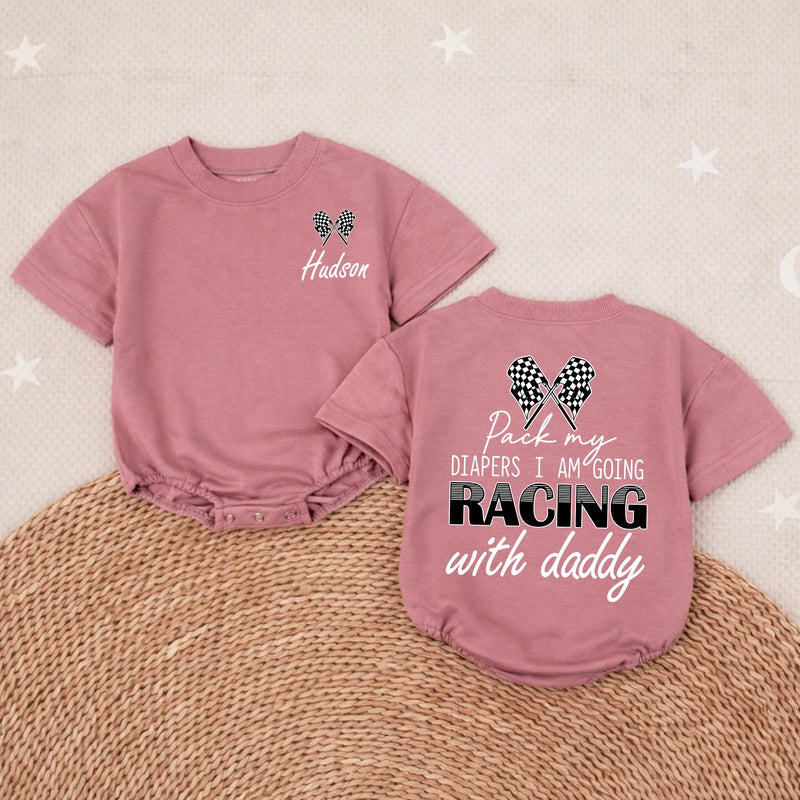 Personalized Racing Baby Romper for Boys Hudson Name Checkered Flag Design Soft Cotton Going Home Outfit Daddy Race Car Diaper Pack